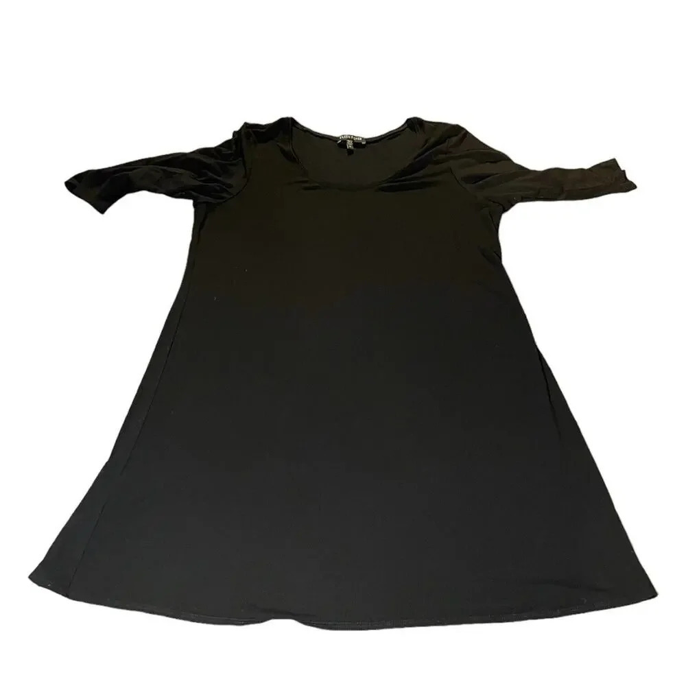 EILEEN FISHER Black Washable Stretch Jersey Knit V-Neck Tunic Mini Dress Medium